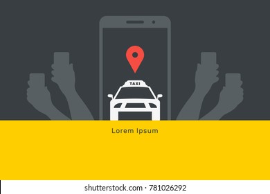 Taxi online illustration, flat vector banner, smartphone and car with label, hands hold smartphones, call taxi, yellow, black, dark, white, red, uber, call, cars