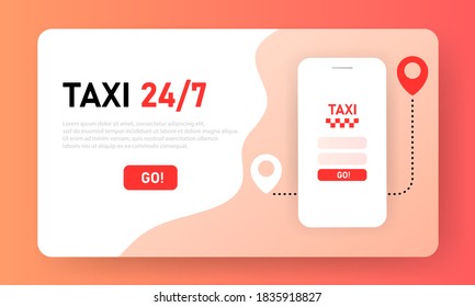 Taxi online service banner. Taxi 24 7 service. Smartphone with road and route pin. Flat illustration.