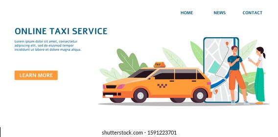 Taxi online service banner with people cartoon characters ordering car via mobile phone application, flat vector illustration isolated on white background.