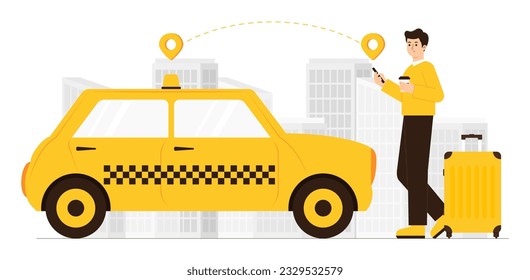 Taxi online service concept. Illustration of a person ordering a taxi service online