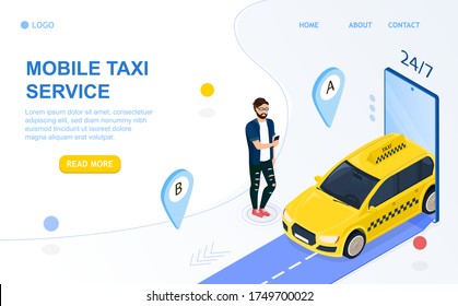 Taxi Online Service Concept. Mobile application for order taxi. The passenger orders cab via smartphone. The car metaphorically leaves the phone and comes to the customer. 3d Isometric Vector Style