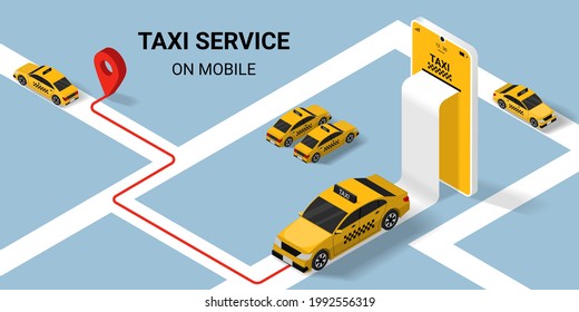 Taxi online service concept. yellow taxicab and with road and location on mobile application. Isometric Vector illustration