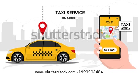 Taxi online service concept. Yellow taxicab  and hand holding phone with application get  a taxi on screen background. Order a taxi online. Isometric Vector illustration