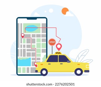 Taxi online service on mobile application with yellow taxi and location on map.