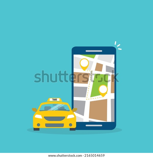 Taxi online service on mobile application with\
yellow taxicab and location. Get a taxi. Concept for order taxi\
service.