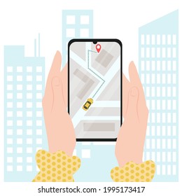 Taxi online service with using mobile phone, flat cartoon smartphone with yellow cab and street map, in female hands. Smart taxi concept.