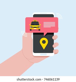 Taxi online service with using mobile phone vector illustration, flat cartoon smartphone with taxi cab and pin pointer in hand