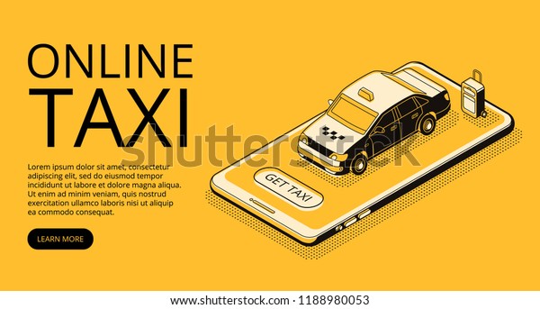 Taxi
online service vector illustration in thin line art and black
isometric halftone style. Car on smartphone for carsharing or
carpool application and transportation
technology