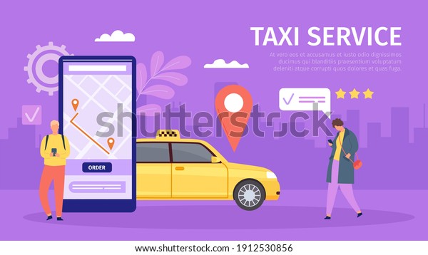Taxi online service. Young man and woman order cab\
by smartphone. Big phone with map and location. Mobile app for book\
taxi vector concept. Route on cellphone screen, rating trip or\
drive