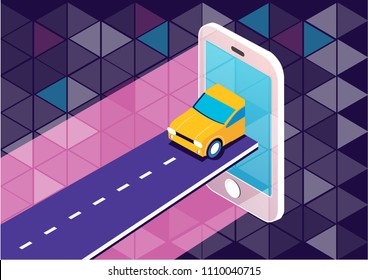 Taxi online smartphone mobile app. Isometric vector illustration