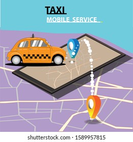 Taxi online vector car ride map on smartphone application. Taxi service design of yellow car and location or navigation city map for mobile internet app