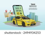 Taxi online vector illustration car ride map on smartphone application. Taxi service design of yellow car and location or navigation city map for mobile internet app