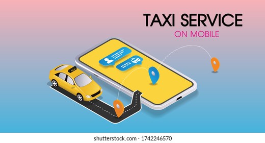 Mapa de paseo en auto de la ilustración vectorial en línea de taxi en aplicación para smartphone. Diseño del servicio de taxi del coche amarillo y ubicación del mapa de la ciudad de navegación para la aplicación de internet móvil - Vector