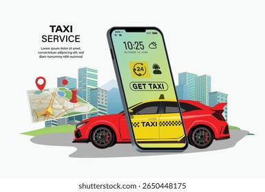 Taxi online vector illustration car ride map on smartphone application. Taxi service design of yellow red car and location or navigation city map for mobile internet app	
