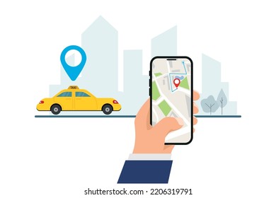 Taxi online-service concept. Hand holds phone on city landscape. Phone with city map with online geotags taxi point, find and call yellow car. Vector illustration