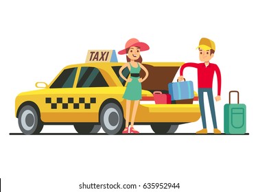 Taxi With Open Trunk. Happy Client And Smiling Driver. Young Happy Girl With Taxi Cab On White Background. Taxi Driver Take Baggage From Car Boot. Vector Illustration.