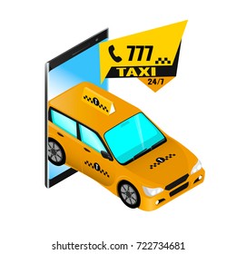 Taxi order by phone, smartphone and car isometric style