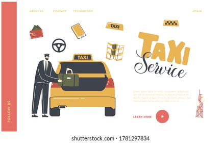 Taxi Order in City Landing Page Template. Erfahrene Fahrer Charaktere tragen Uniform und Cap Loading Passenger Koffer Gepäck zu Auto-Trunk in Flughafen oder Straße, Cab. Lineare Vektorgrafik