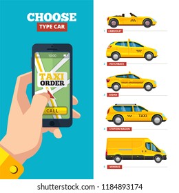 Taxi order online. Hand holding smartphone and view various type of taxi yellow cars cabriolet hatchback sedan station wagon and minibus city transport vector pictures collection