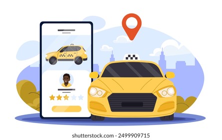 Taxi order online. Yellow car near huge smartphone. Urban infrastructure and transportation. Ordering automobile on internet. Navigation and GPS. Flat vector illustration isolated on white background