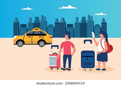 Taxi order or ride hailing app with location marker as two tourists with luggage wait for a yellow taxi cab in a city street