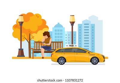 Taxi order service. Girl in an autumn park, sitting on bench ordering of machine. Online service order. Taxi car on background of urban landscape with skyscrapers. Illustration in cartoon style.