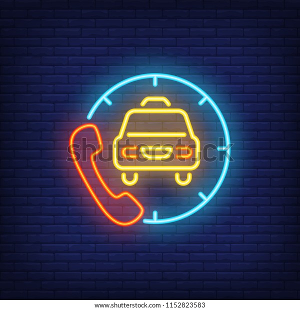 Taxi order service\
neon sign. Rear view of cab in circle and red phone. Night bright\
advertisement. Vector illustration in neon style for taxi service\
operator and ordering car