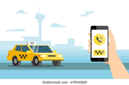 Taxi order service, taxi, smartphone in hand, smartphone app, airport