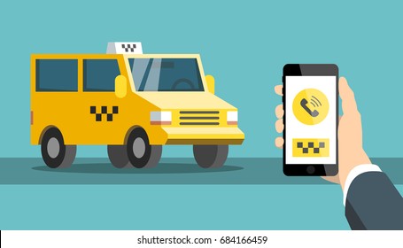 Taxi order service, taxi, van, smartphone in hand, smartphone app