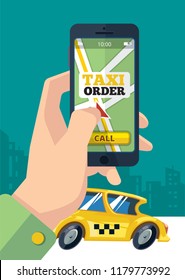 Taxi order. Urban transportation hand holding smartphone with map on csreen and make order online uber mobility yellow car vector concept