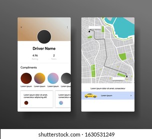 Taxi Ordering App. Application Design. Rent Car Mobile Guide. Driver Profile Or Account With Rating And Awards. Map With Location And Destination. Take Cab. Vector Illustration