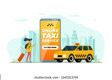 Taxi ordering app concept. Young woman holding smartphone with online service mobile application and order now button near yellow cab. Get taxicab transfer flat vector illustration