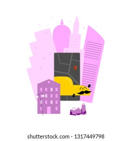 Taxi ordering app hand drawn color illustration. Happy vehicle with mustache kawaii character. Carsharing flat drawing. Auto rental mobile application cartoon clipart. Isolated design element
