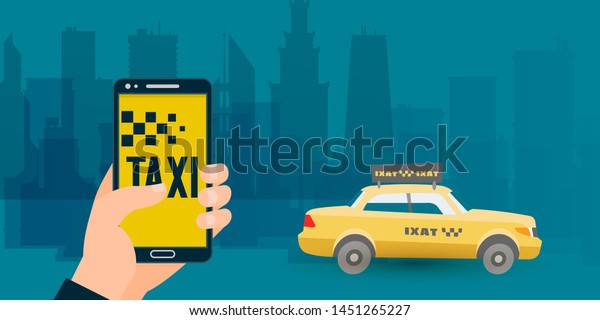 Taxi ordering\
in handphone banner. Car sharing and rent Service ad. Hand holding\
smartphone with mobile app. Online rent application vector\
illustration. Transportation taxi\
service.