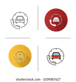 Taxi ordering icon. Flat design, linear and color styles. Car with handset. Roadside assistance call. Isolated vector illustrations