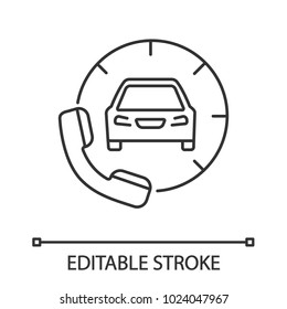 Taxi ordering linear icon. Car with handset. Thin line illustration. Roadside assistance call. Contour symbol. Vector isolated outline drawing. Editable stroke