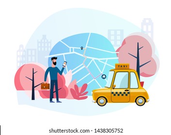 Taxi Ordering. Mobile App For A Call Cab Service. Flat Illustration Of A Man Who Calls A Yellow Taxi Car So That He Takes Him Along The Short Route To His House Using A Navigator