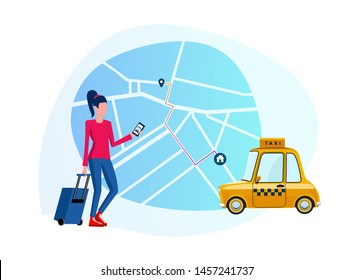 Taxi ordering. Mobile app for a call cab service. Flat illustration of a girl who calls a yellow taxi car so that he takes her along a short route to her house using a navigator