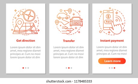 Taxi ordering onboarding mobile app page screen with linear concepts. Get direction, transportation, instant pay steps graphic instructions. UX, UI, GUI vector template with illustrations