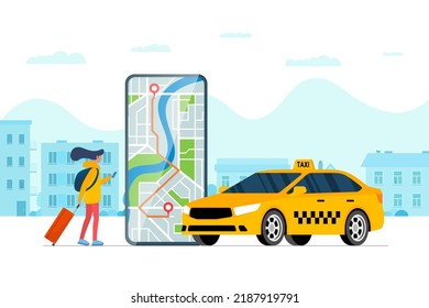 Taxi ordering service app concept. Girl booking yellow cab. Woman with smartphone order car transfer online. Route and arrival address on city map on mobile screen. Web application get taxicab. Vector