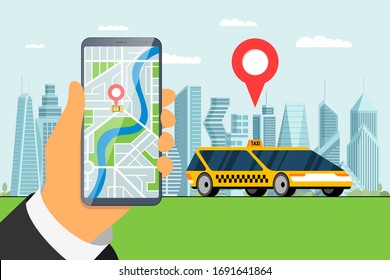 Taxi ordering service app design. Hand holding smartphone with geotag gps location pin arrival address on city map and yellow cab concept. Online get taxicab application flat eps vector illustration