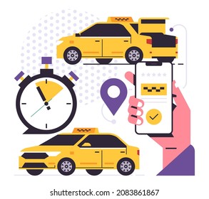 Taxi-Bestellservice Mobile Application Konzept. Eine Hand, die ein Telefon mit Buchung eines Taxis auf dem Display hält. Auto vor und zurück, Kofferraum, Stoppuhr, GPS-Punkt, Pin, Symbol, Schild. Flache Vektorgrafik.