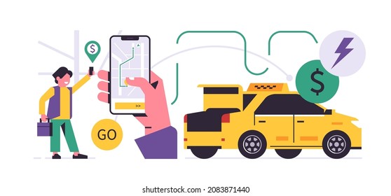 Taxi ordering service mobile application concept. A hand holding a phone with booking a taxi on the city map on a smartphone display. Car trunk, passenger, icon, badge. Flat vector illustration