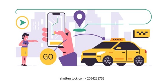 Concepto de aplicación móvil del servicio de pedidos de taxi. Una mano sosteniendo un teléfono con la reserva de un taxi en el mapa de la ciudad en una pantalla de un smartphone. Servicio de taxi urbano. Coche amarillo, mujer. Ilustración vectorial plana