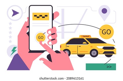 Taxi ordering service mobile application concept. A hand holding a phone with booking a taxi on the display. Car, map street, pin, icon, sign. Flat vector illustration