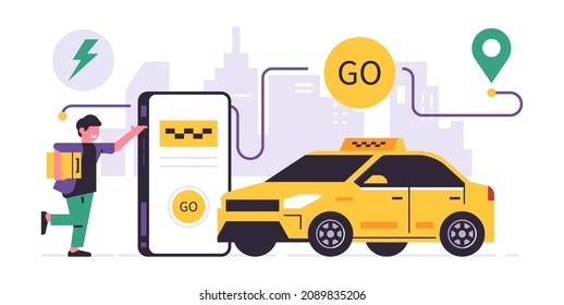 Taxi ordering service mobile application concept. Phone with application for ordering a taxi on display. Transportation of people by car. Man with a suitcase, yellow car, city, line, icon, sign