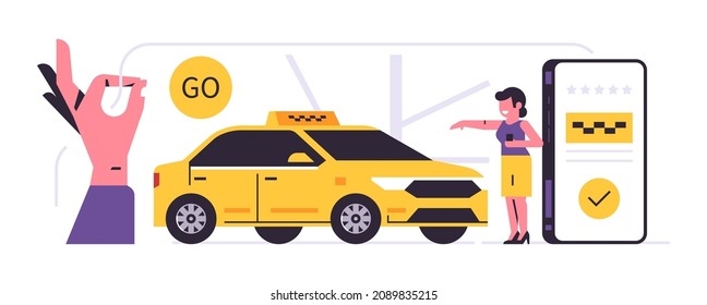 Taxi ordering service mobile application concept. Phone with application for ordering a taxi on display. Transportation of people by yellow car. Woman passenger and hand showing ok symbol