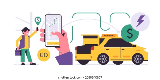 Concepto de aplicación móvil del servicio de pedidos de taxi. Una mano sosteniendo un teléfono con la reserva de un taxi en el mapa de la ciudad en una pantalla de un smartphone. Coche, pasajero, icono, insignia. Ilustración vectorial plana