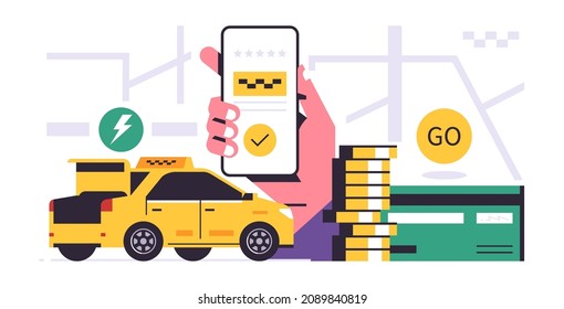 Taxi ordering service mobile application concept. A hand holding a phone with booking a taxi on the display. Urban cab service. City map, yellow car, bank card, money, pay. Flat vector illustration