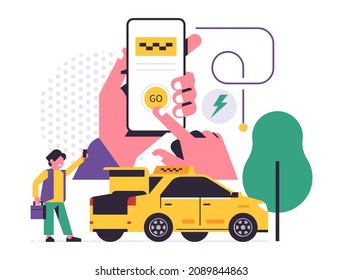 Taxi ordering service mobile application concept. A hand holding a phone with booking a taxi on the display. Car trunk, passenger, icon, badge. Flat vector illustration